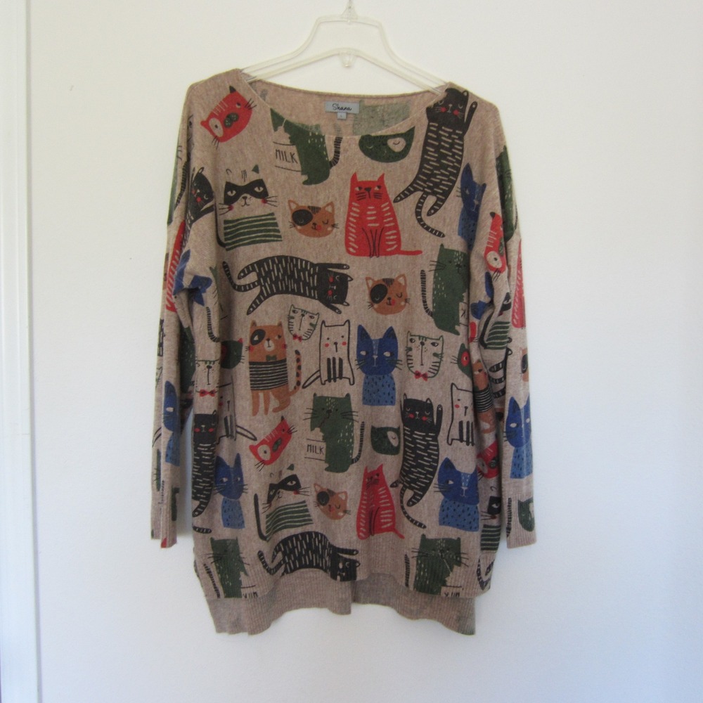 Shana Sweater Womens Large Taupe Brown Cat Animal print Tunic Pullover Wool Blen